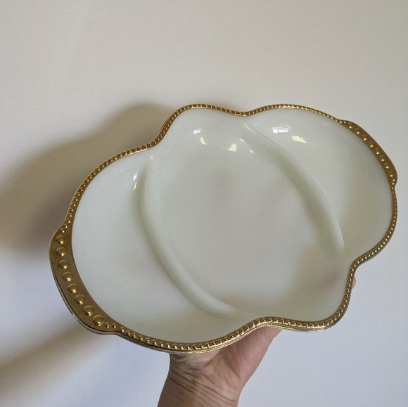 Fire King Milk Glass Divided Tray Anchor Howking Gold Trim - Picture 5 of 9